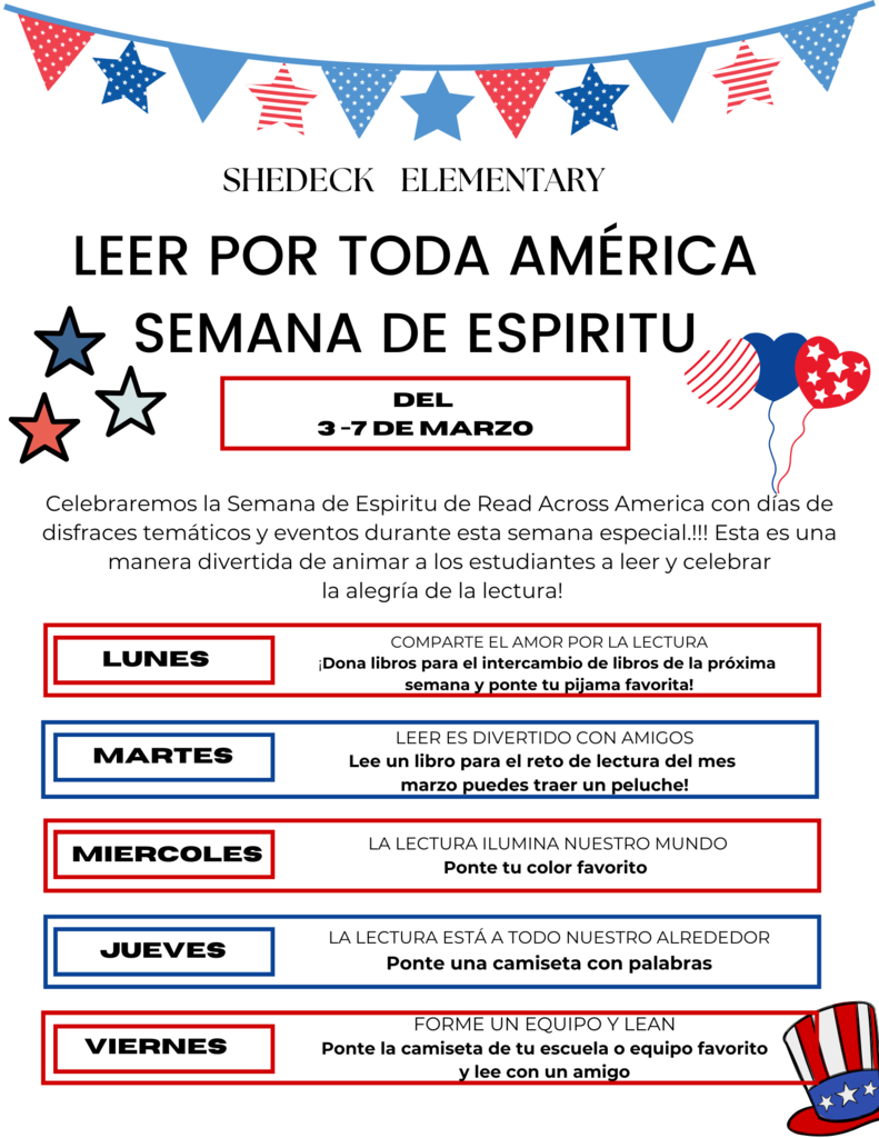 Read Across America Spirit Week in red white and blue describes dress up days for the week.