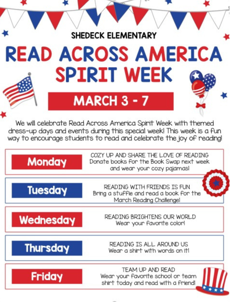 Read Across America Spirit Week in red white and blue describes dress up days for the week.