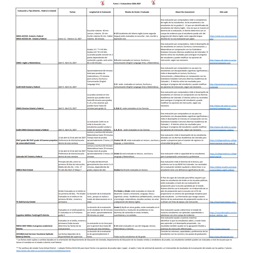 Calendario de Evaluaciones de YSD 2027-2027