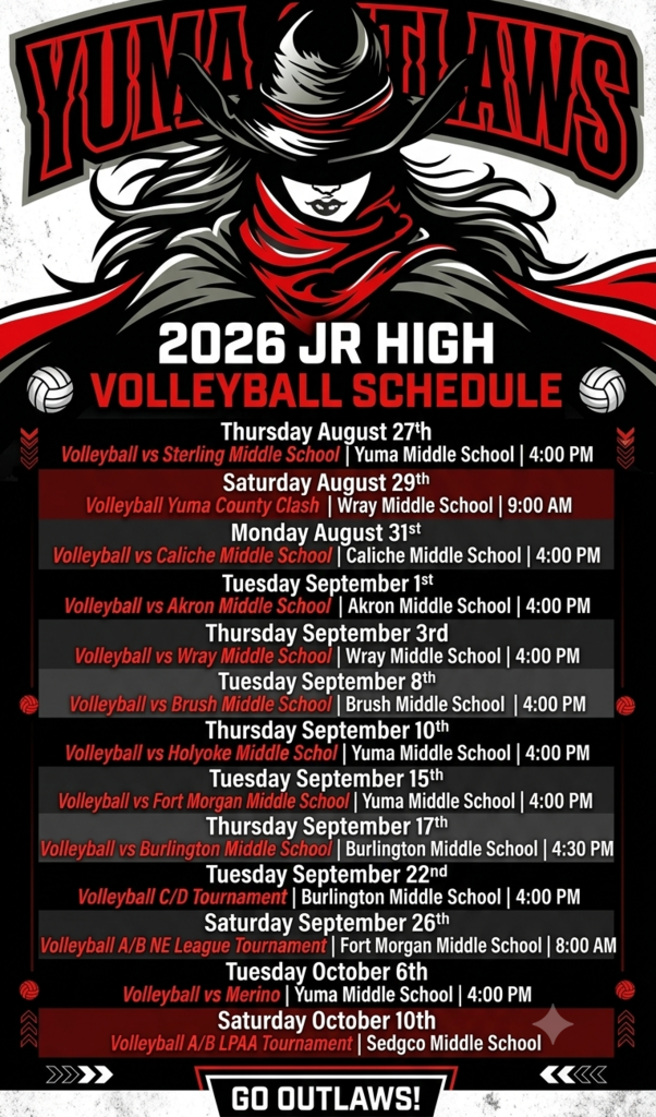 A poster lists a 2026 volleyball schedule for Yuma Middle School. It includes match dates and times.