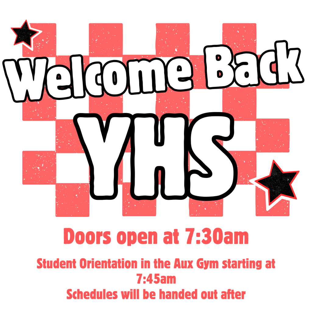 A poster with a red and white checkered background and black text invites students to a high school orientation.