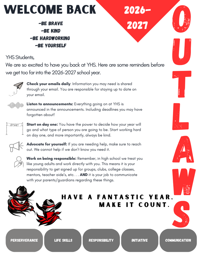 A white background displays a red heart with "Welcome Back 2026-2027" and "Outlaws" written on it. Icons represent reminders for students.
