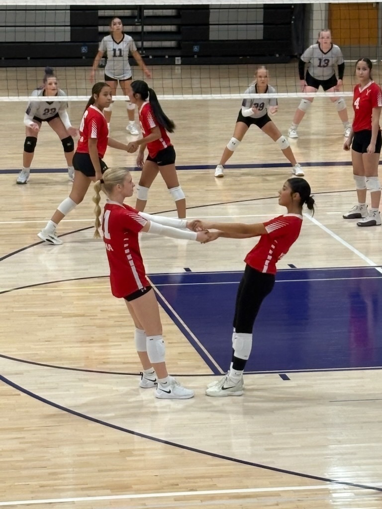 Two female volleyball players in red uniforms shaking hands at center court. Other players in red and white uniforms behind the net.