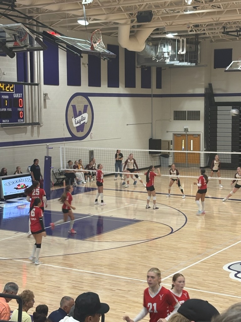 An indoor basketball court with blue and white walls. Two teams are playing volleyball, with players wearing numbered uniforms.