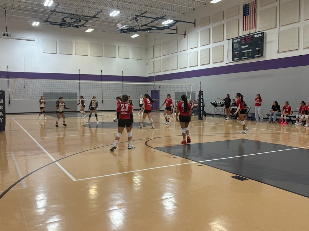 A group of players wearing numbered jerseys plays volleyball in a large, indoor court with spectators on the side.