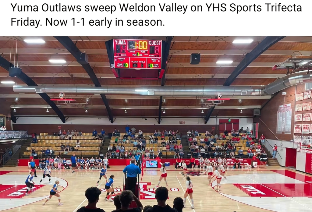 A basketball court with players, a scoreboard, and a crowd of people watching. A headline states the game is between Yuma Outlaws and Weldon Valley.