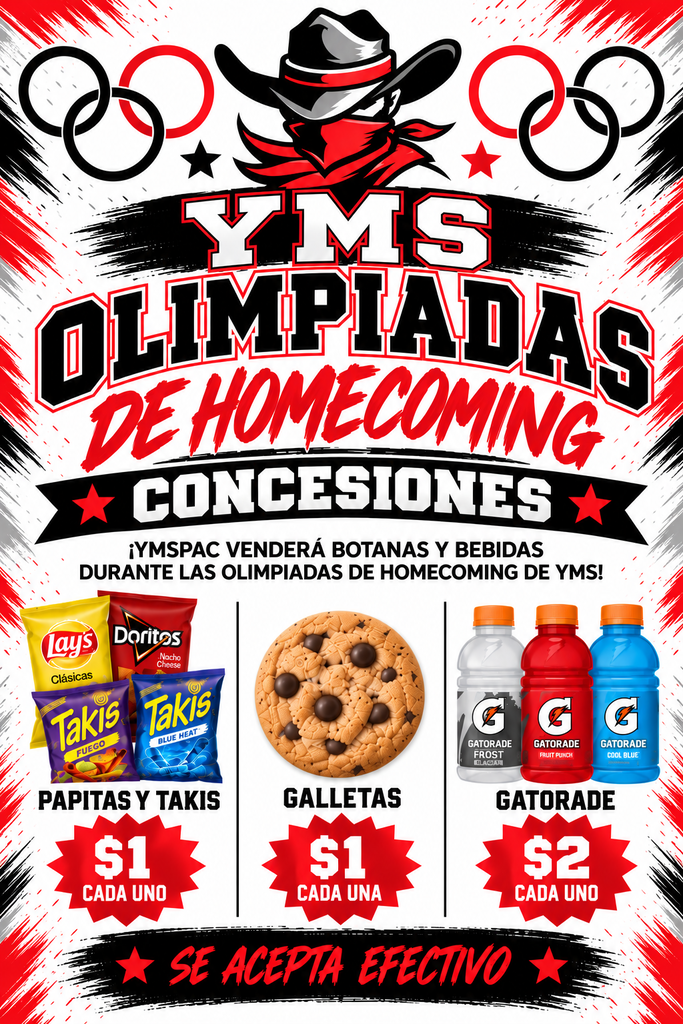 A flyer for homecoming concessions with a logo, Olympic rings, and a cowboy hat. Items include chips, cookies, and drinks. Prices are $1 for each snack and $2 for each drink.