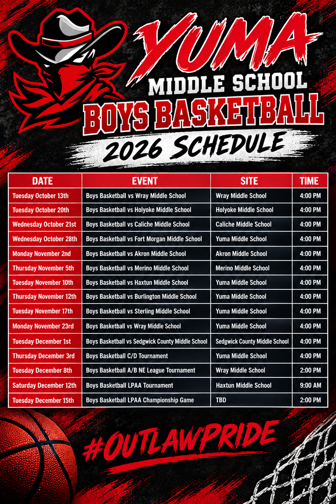 A sports schedule poster shows the "Yuma Middle School Boys Basketball 2026 Schedule" with dates, event names, locations, and times.