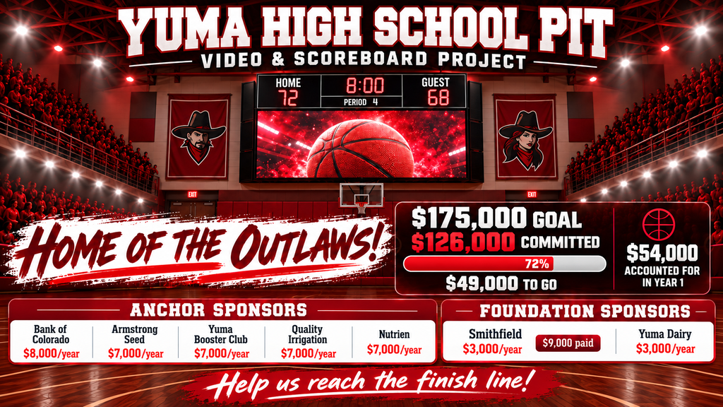 A basketball court with a scoreboard showing a score. A video and scoreboard project banner with text and sponsors.