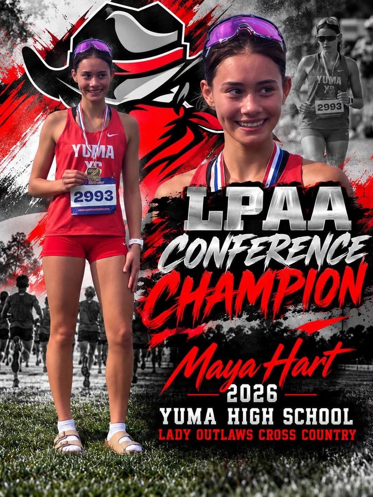 Two athletes with medals, standing on grass. One has number 2993, and the other has 2993. Text reads "LAAA Conference Champion Maya Hart 2026, Yuma High School."