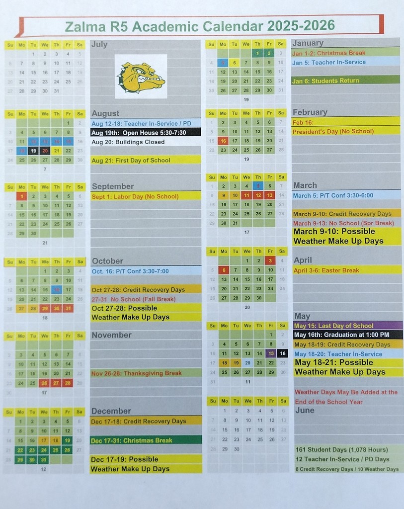 2025-2026 Zalma R5 School Calendar