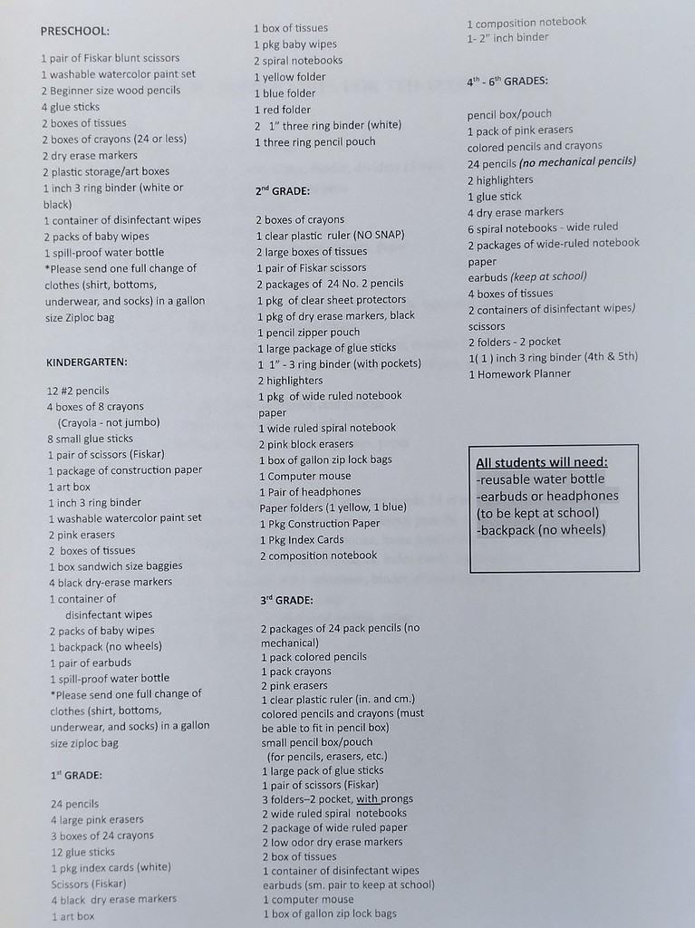 2025-2026 Elementary School Supply List