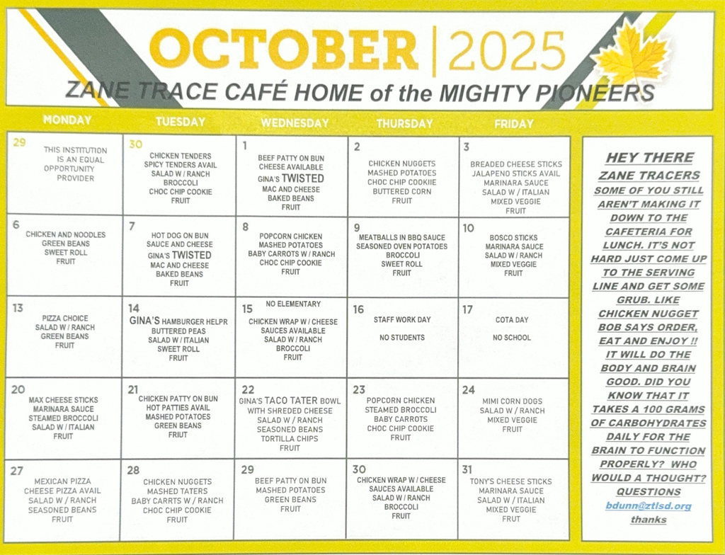 October Lunch Menu