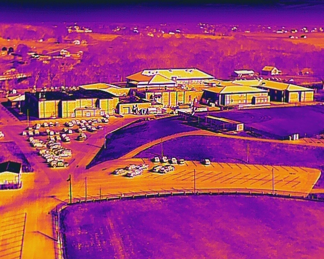 Drone thermal image of Zane Trace Local Schools from the back of the school