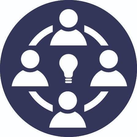 Circle with 4 block representations of human chest and heads surrounding a light bulb